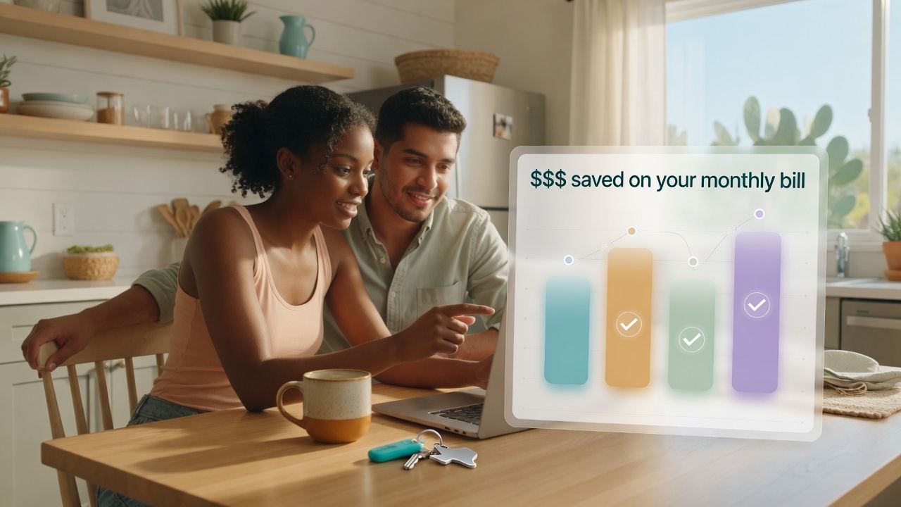 A couple at their kitchen table comparing energy offers on a laptop, with a chart showing dollars saved on their monthly bill